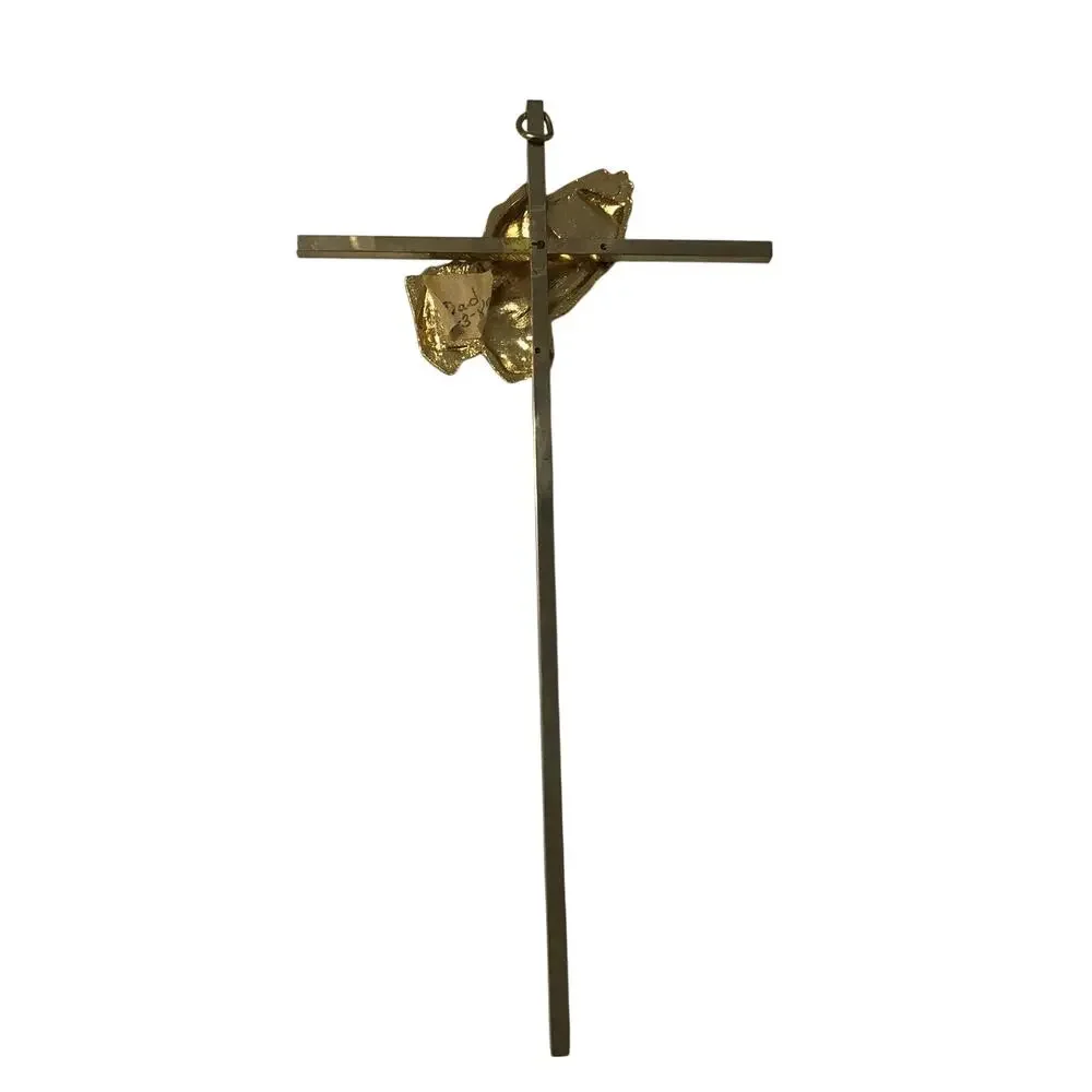 MCM Gold Tone Brass Minimalist Super Skinny Wall Cross Crucifix w/Praying Hands